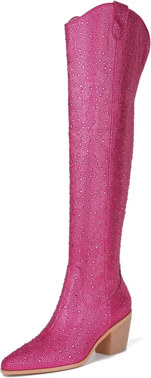 olomisa Rhinestone Boots for Women, Sparkly Boots Over the Knee Cowboy Boots Pointed Toe Pull On Side Zipper Chunky Heel Knee High Cowgirl Boots