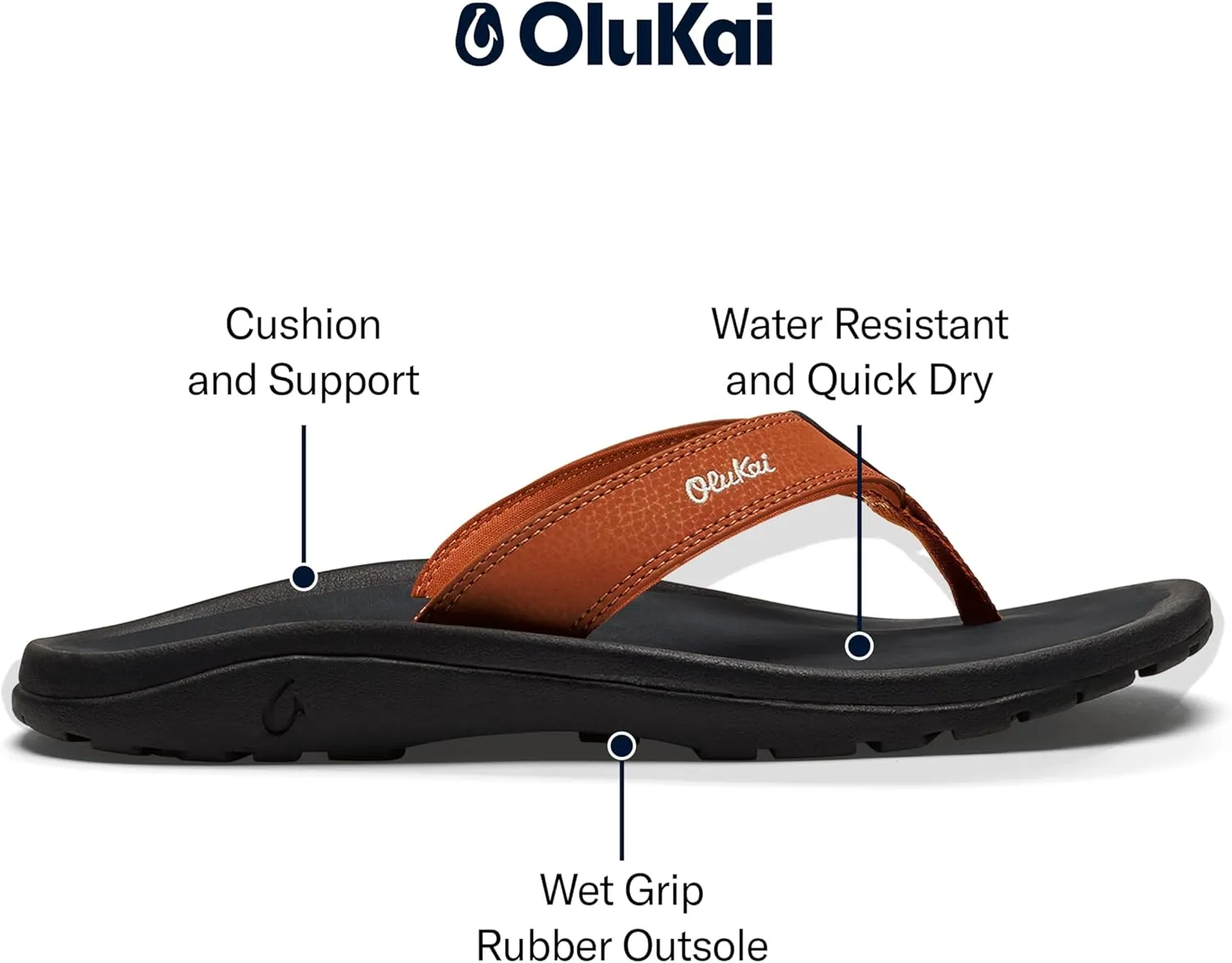 OLUKAI Ohana Men's Beach Sandals, Water Resistant Flip Flops, Arch Support & Comfort Fit, Lightweight & Durable, Enhanced Grip & Traction
