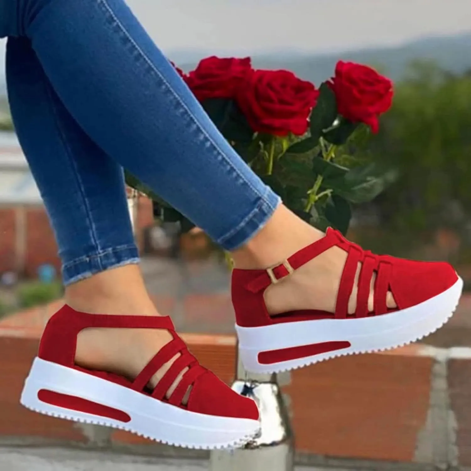 Orthopedic Wedge Sandals for Women Summer Dressy Closed Toe Ankle Strap Platform Sneakers Cutout Low Wedges Slip on Sandals buckle Dressy Shoes Comfortable Outdoor Shoes