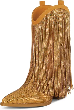 Ouepiano Cowboy Boots for Women - Cowgirl Rhinestone Boots with Sparkly Fringe Pointed Toe Western Boot Chunky Heel Pull-On Wide Calf Botas Vaqueras