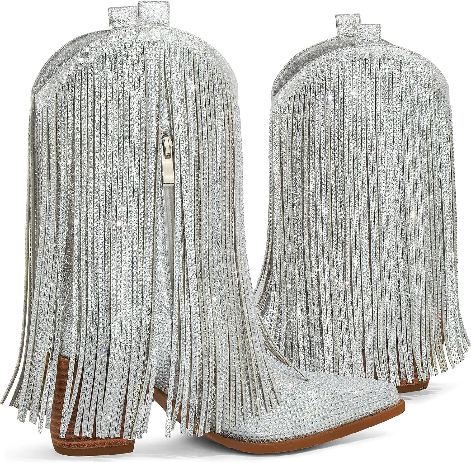 Ouepiano Cowboy Boots for Women - Cowgirl Rhinestone Boots with Sparkly Fringe Pointed Toe Western Boot Chunky Heel Pull-On Wide Calf Botas Vaqueras