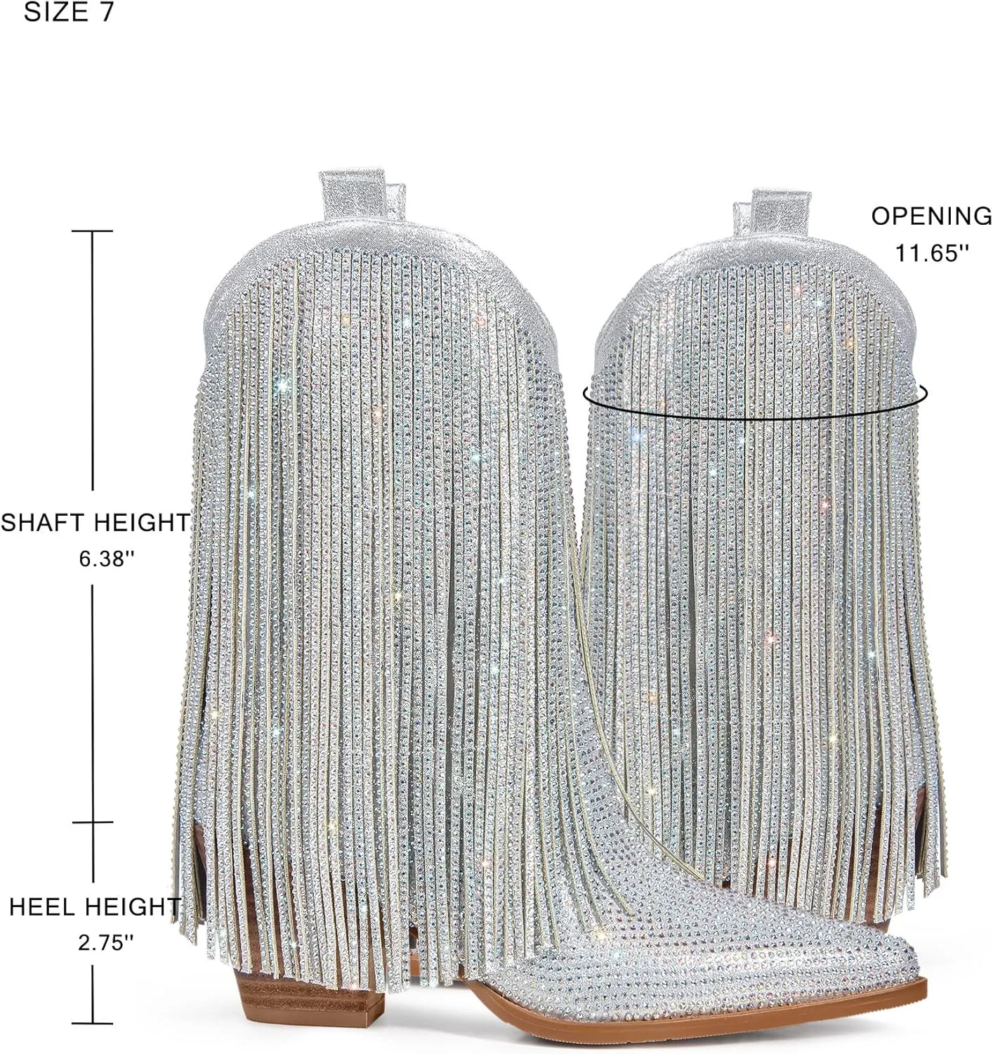 Ouepiano Cowboy Boots for Women - Cowgirl Rhinestone Boots with Sparkly Fringe Pointed Toe Western Boot Chunky Heel Pull-On Wide Calf Botas Vaqueras