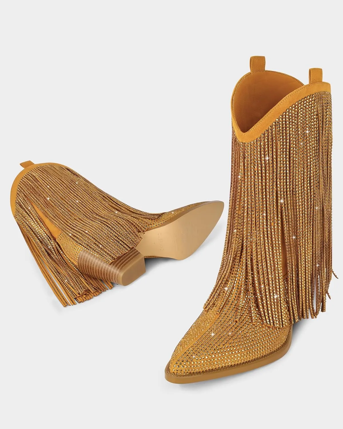 Ouepiano Cowboy Boots for Women - Cowgirl Rhinestone Boots with Sparkly Fringe Pointed Toe Western Boot Chunky Heel Pull-On Wide Calf Botas Vaqueras