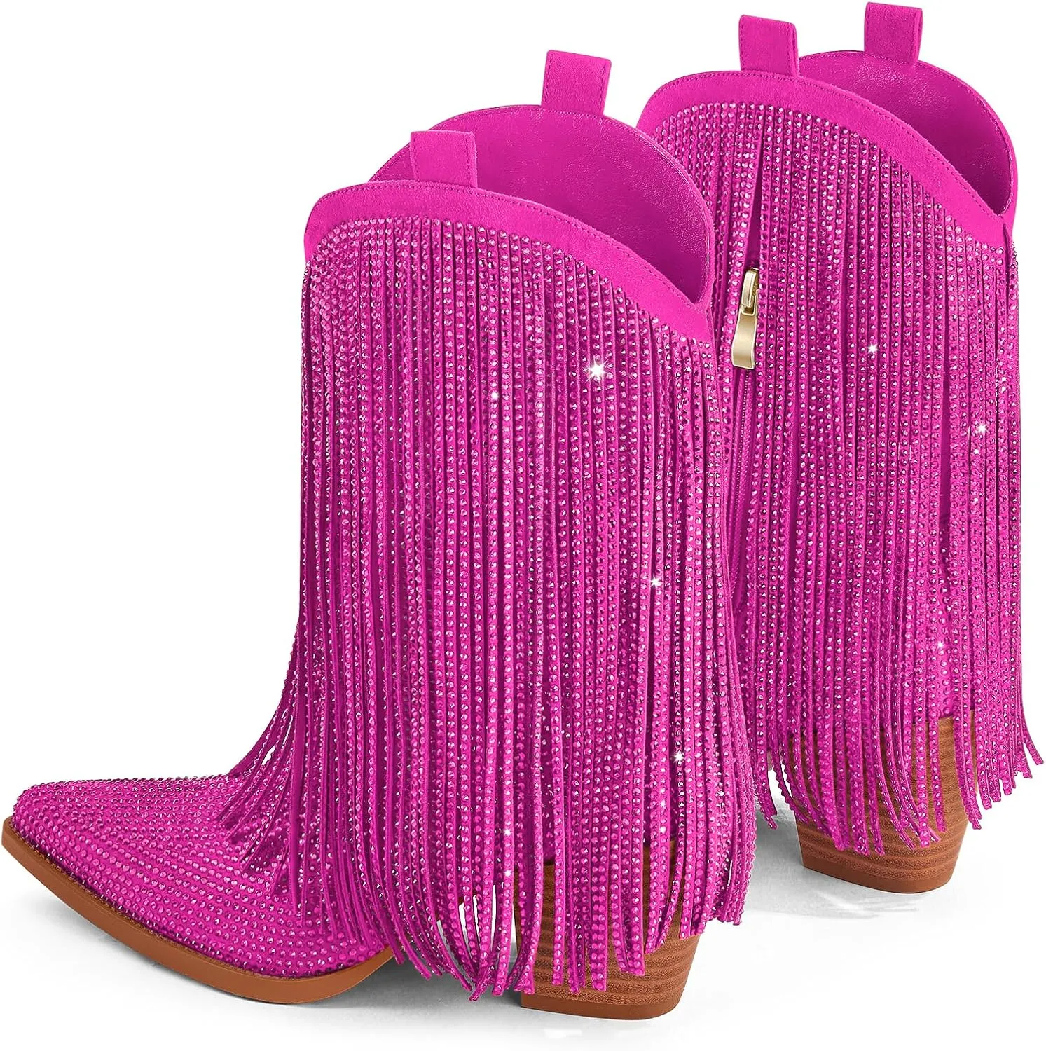 Ouepiano Cowboy Boots for Women - Cowgirl Rhinestone Boots with Sparkly Fringe Pointed Toe Western Boot Chunky Heel Pull-On Wide Calf Botas Vaqueras