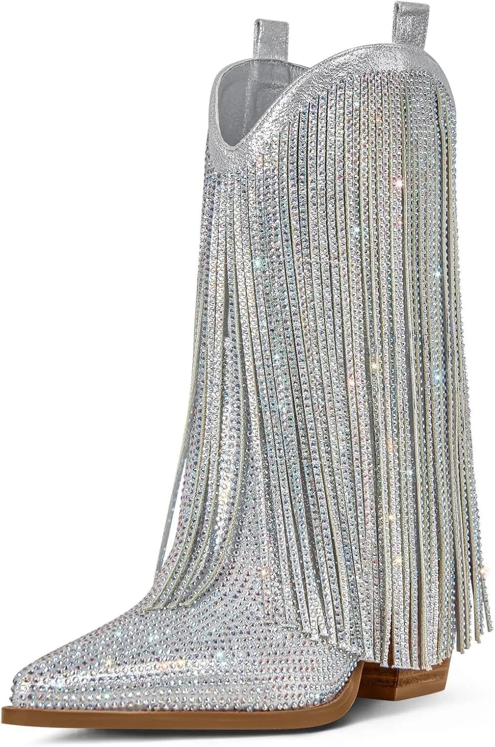 Ouepiano Cowboy Boots for Women - Cowgirl Rhinestone Boots with Sparkly Fringe Pointed Toe Western Boot Chunky Heel Pull-On Wide Calf Botas Vaqueras