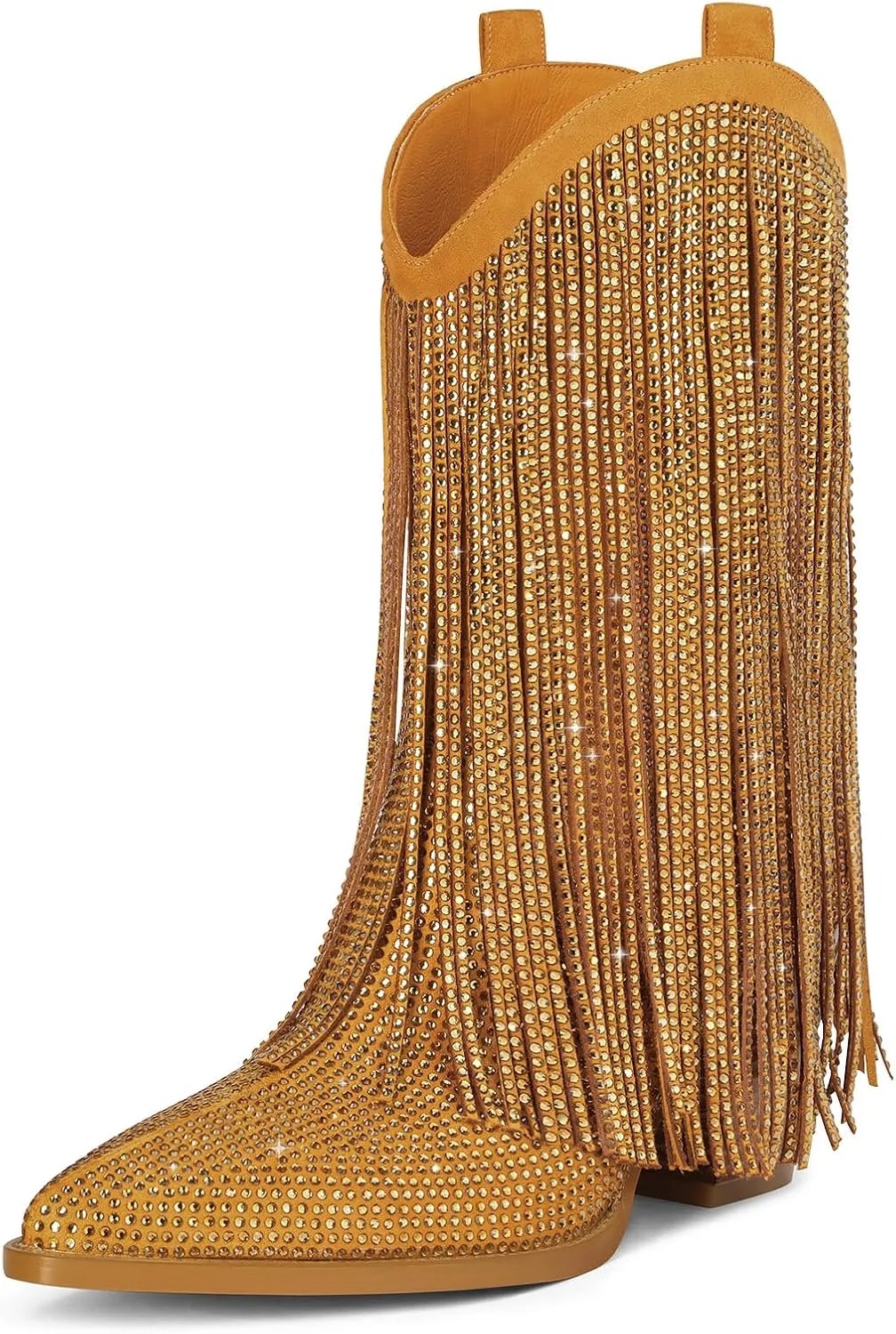 Ouepiano Cowboy Boots for Women - Cowgirl Rhinestone Boots with Sparkly Fringe Pointed Toe Western Boot Chunky Heel Pull-On Wide Calf Botas Vaqueras