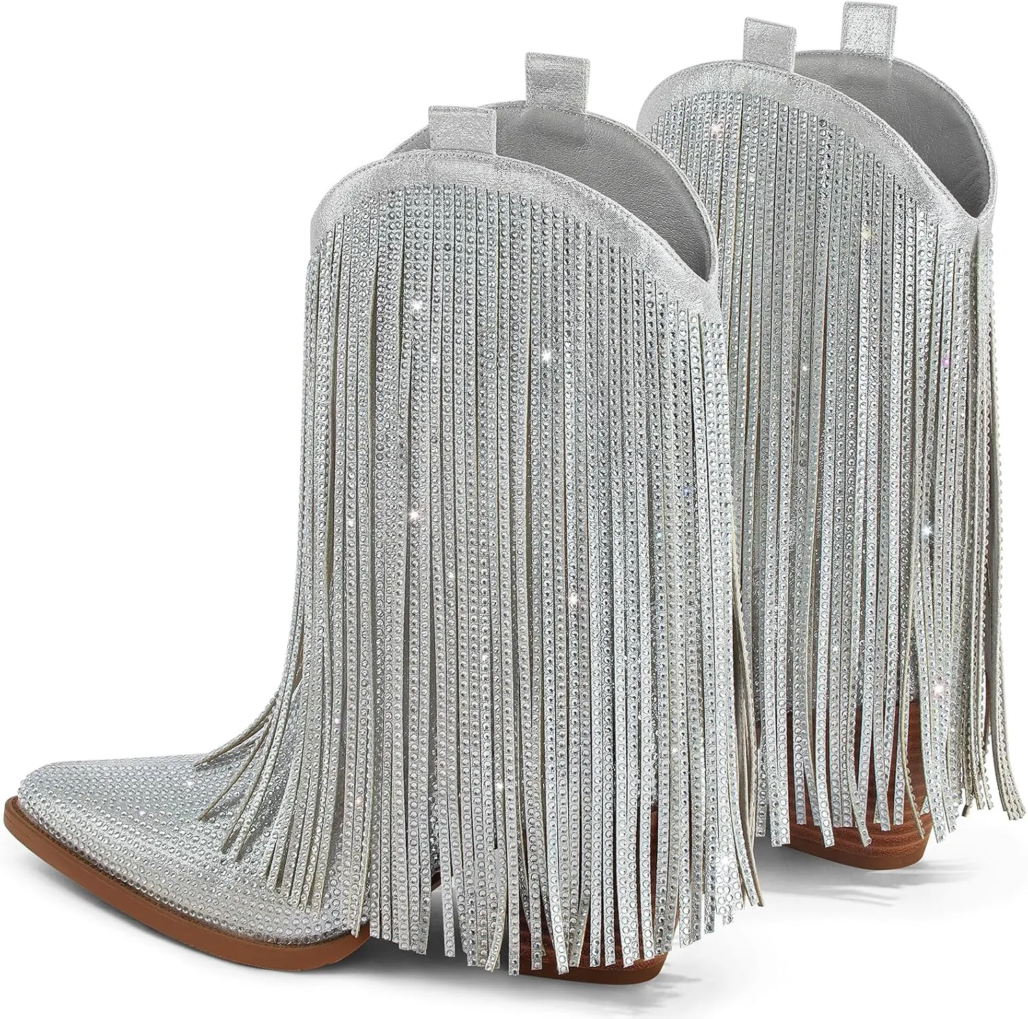 Ouepiano Cowboy Boots for Women - Cowgirl Rhinestone Boots with Sparkly Fringe Pointed Toe Western Boot Chunky Heel Pull-On Wide Calf Botas Vaqueras