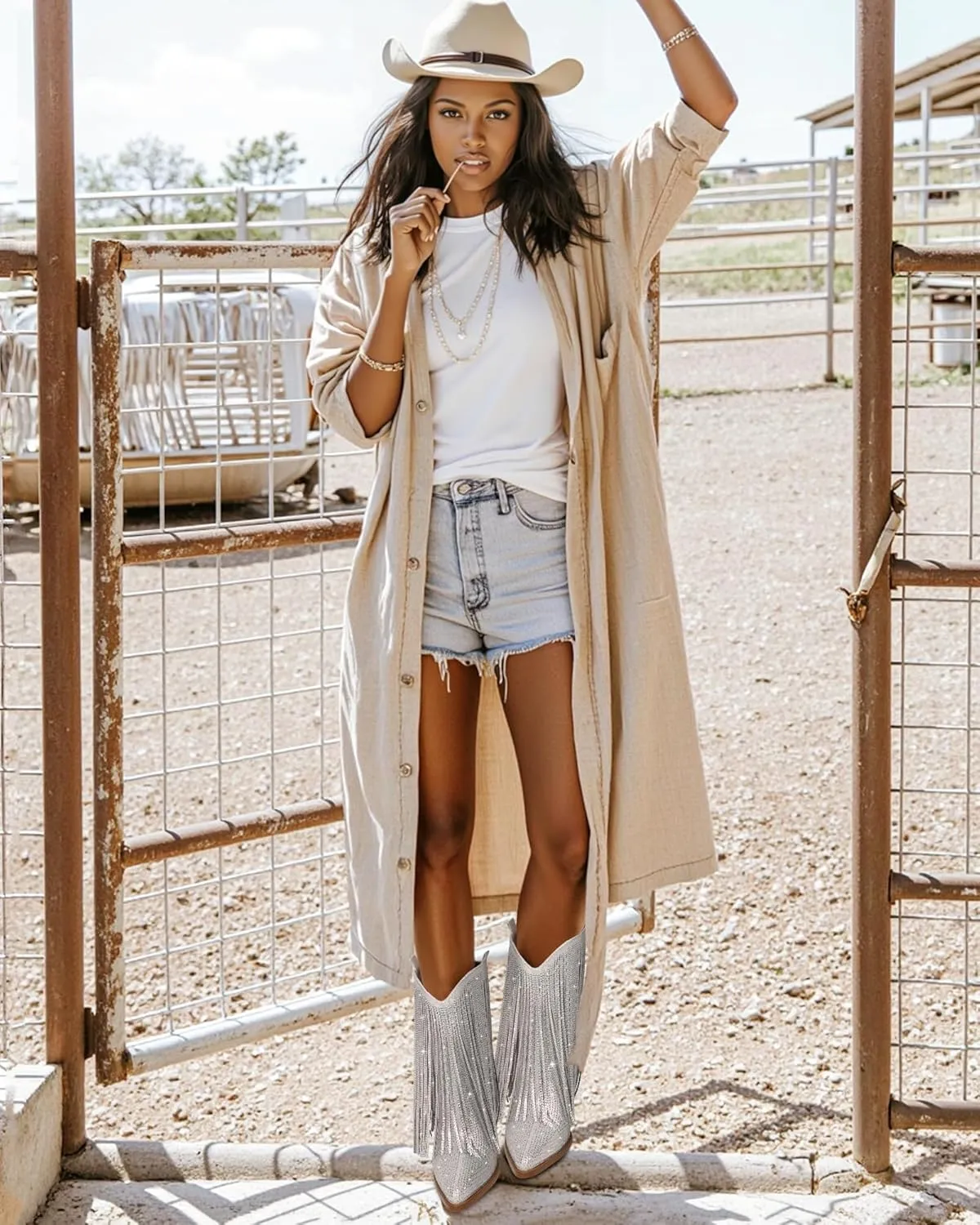 Ouepiano Cowboy Boots for Women - Cowgirl Rhinestone Boots with Sparkly Fringe Pointed Toe Western Boot Chunky Heel Pull-On Wide Calf Botas Vaqueras