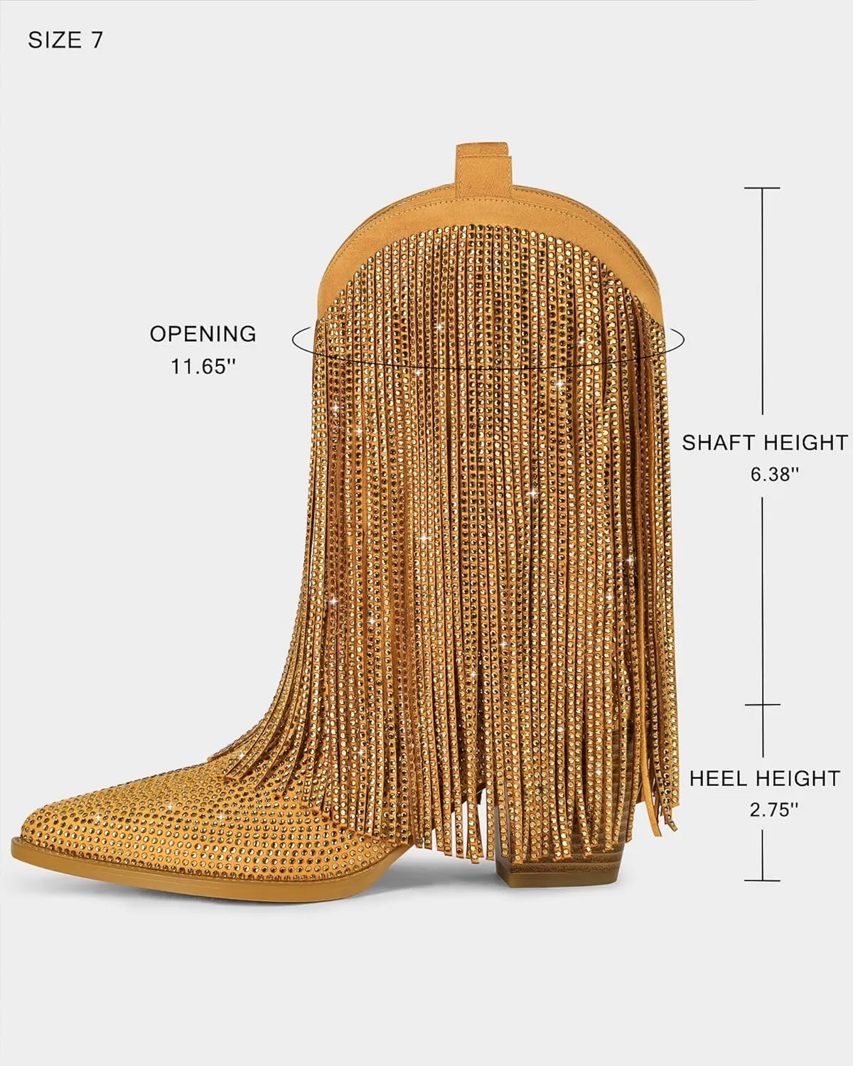 Ouepiano Cowboy Boots for Women - Cowgirl Rhinestone Boots with Sparkly Fringe Pointed Toe Western Boot Chunky Heel Pull-On Wide Calf Botas Vaqueras