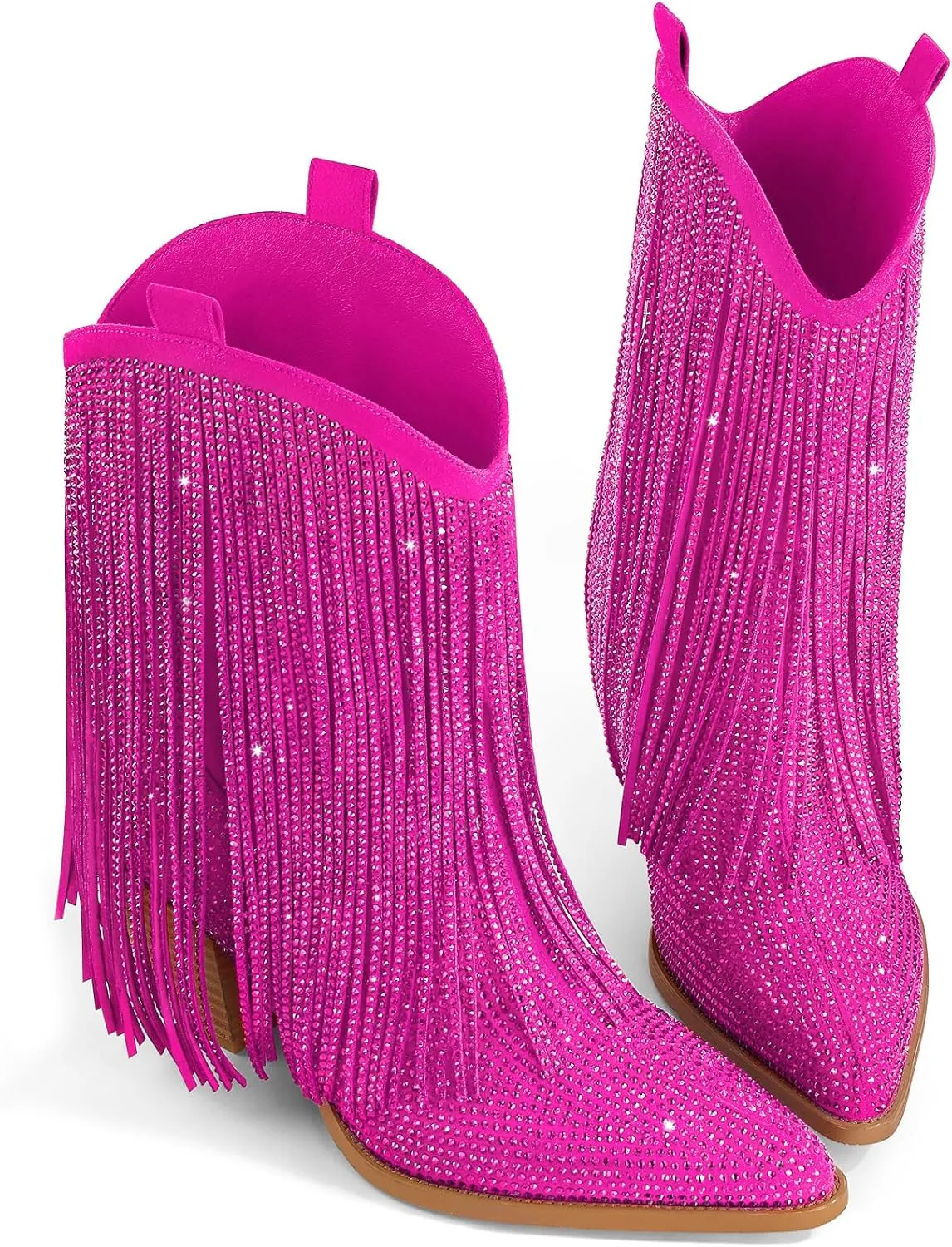 Ouepiano Cowboy Boots for Women - Cowgirl Rhinestone Boots with Sparkly Fringe Pointed Toe Western Boot Chunky Heel Pull-On Wide Calf Botas Vaqueras