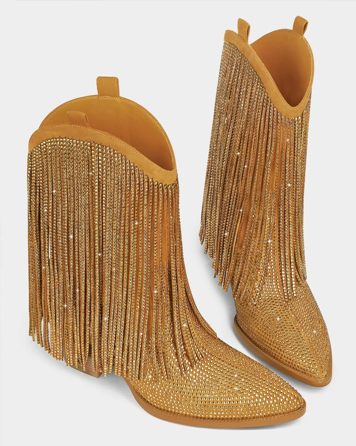 Ouepiano Cowboy Boots for Women - Cowgirl Rhinestone Boots with Sparkly Fringe Pointed Toe Western Boot Chunky Heel Pull-On Wide Calf Botas Vaqueras