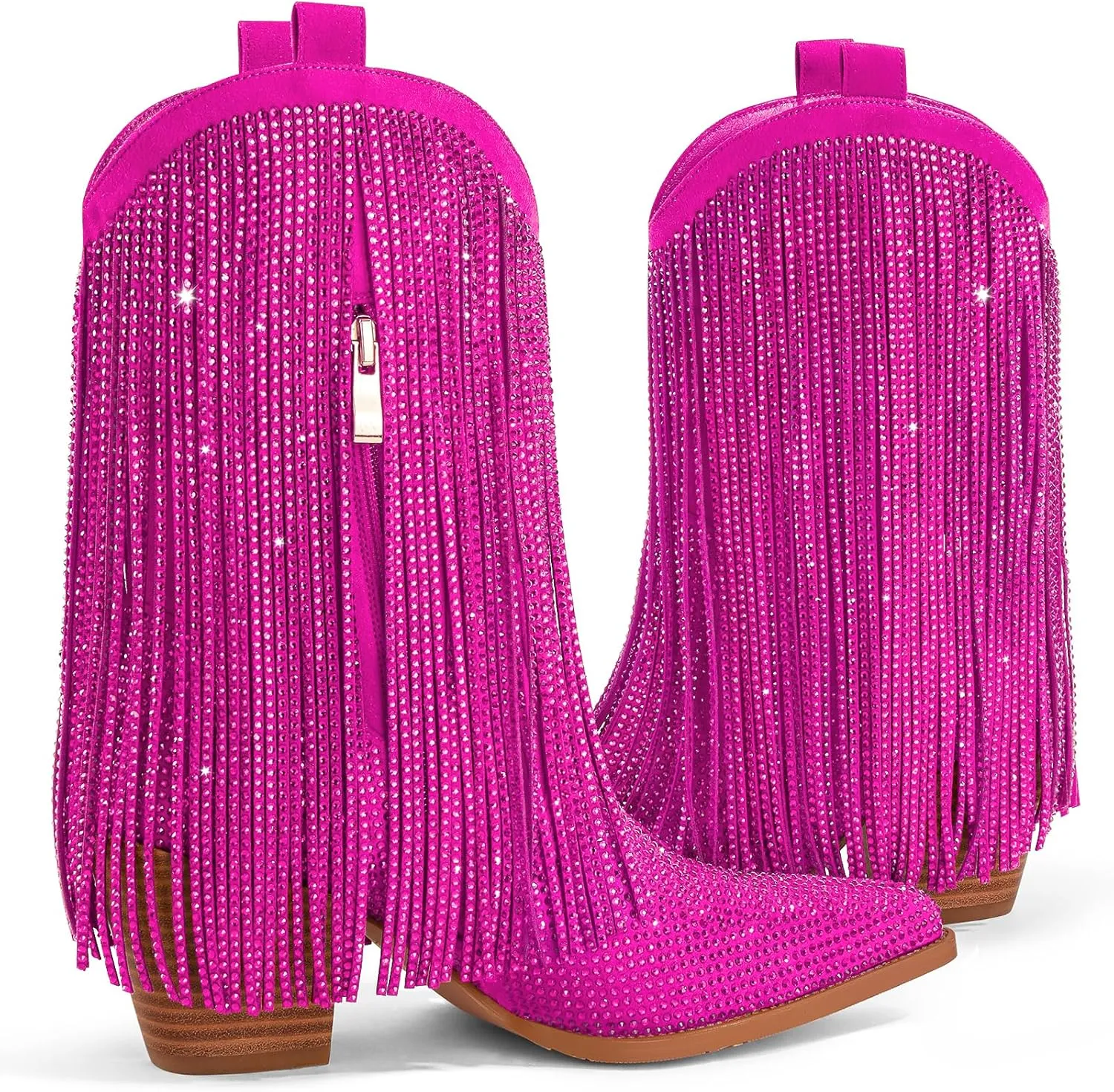 Ouepiano Cowboy Boots for Women - Cowgirl Rhinestone Boots with Sparkly Fringe Pointed Toe Western Boot Chunky Heel Pull-On Wide Calf Botas Vaqueras