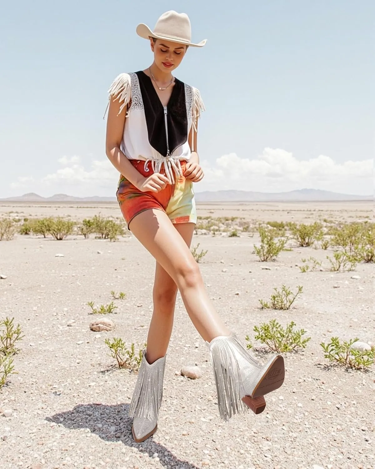 Ouepiano Cowboy Boots for Women - Cowgirl Rhinestone Boots with Sparkly Fringe Pointed Toe Western Boot Chunky Heel Pull-On Wide Calf Botas Vaqueras