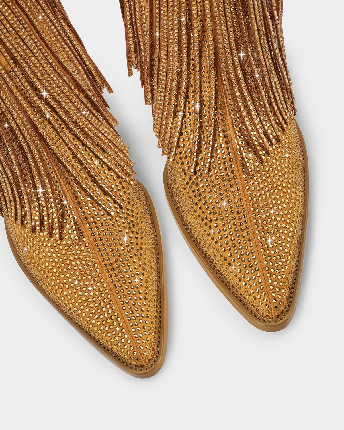 Ouepiano Cowboy Boots for Women - Cowgirl Rhinestone Boots with Sparkly Fringe Pointed Toe Western Boot Chunky Heel Pull-On Wide Calf Botas Vaqueras