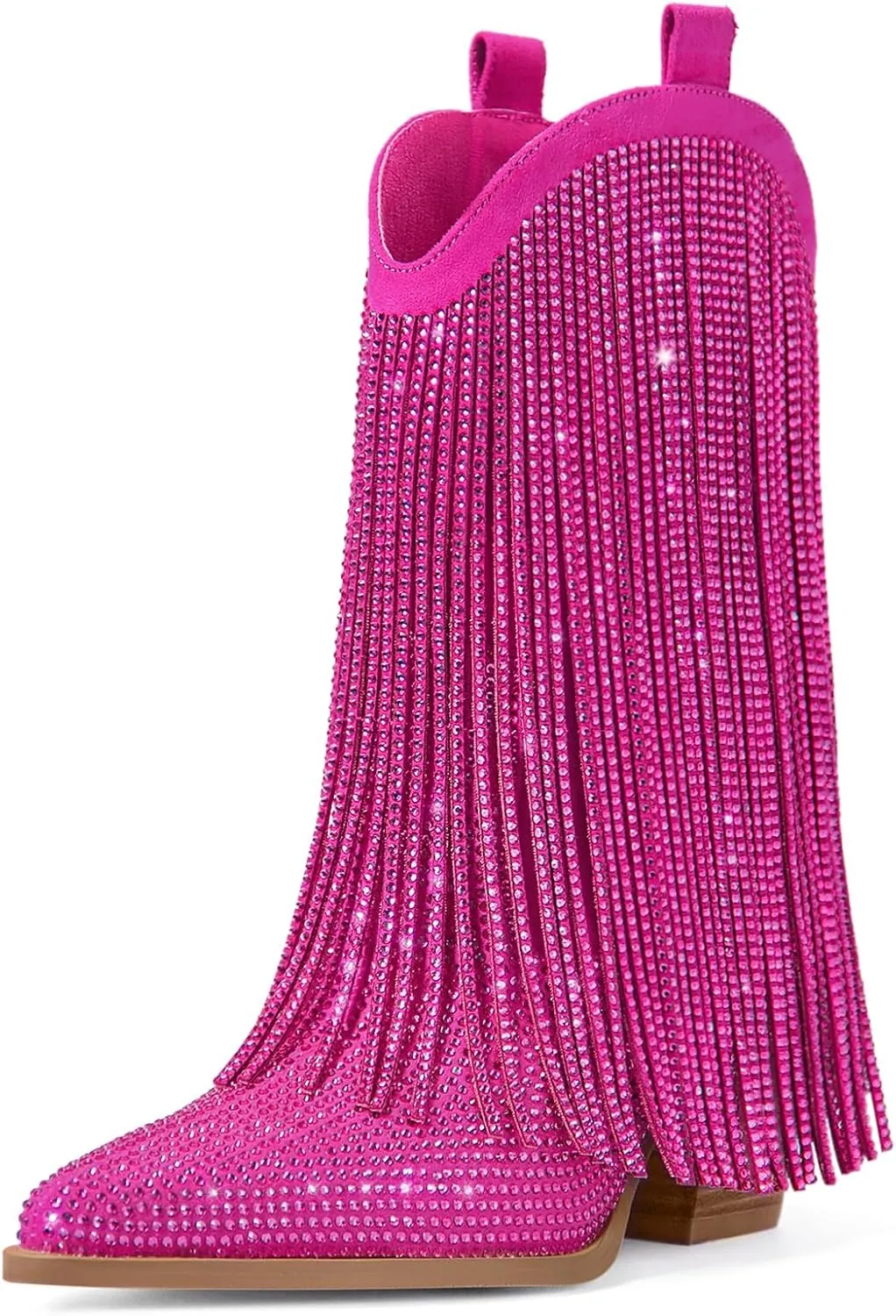 Ouepiano Cowboy Boots for Women - Cowgirl Rhinestone Boots with Sparkly Fringe Pointed Toe Western Boot Chunky Heel Pull-On Wide Calf Botas Vaqueras