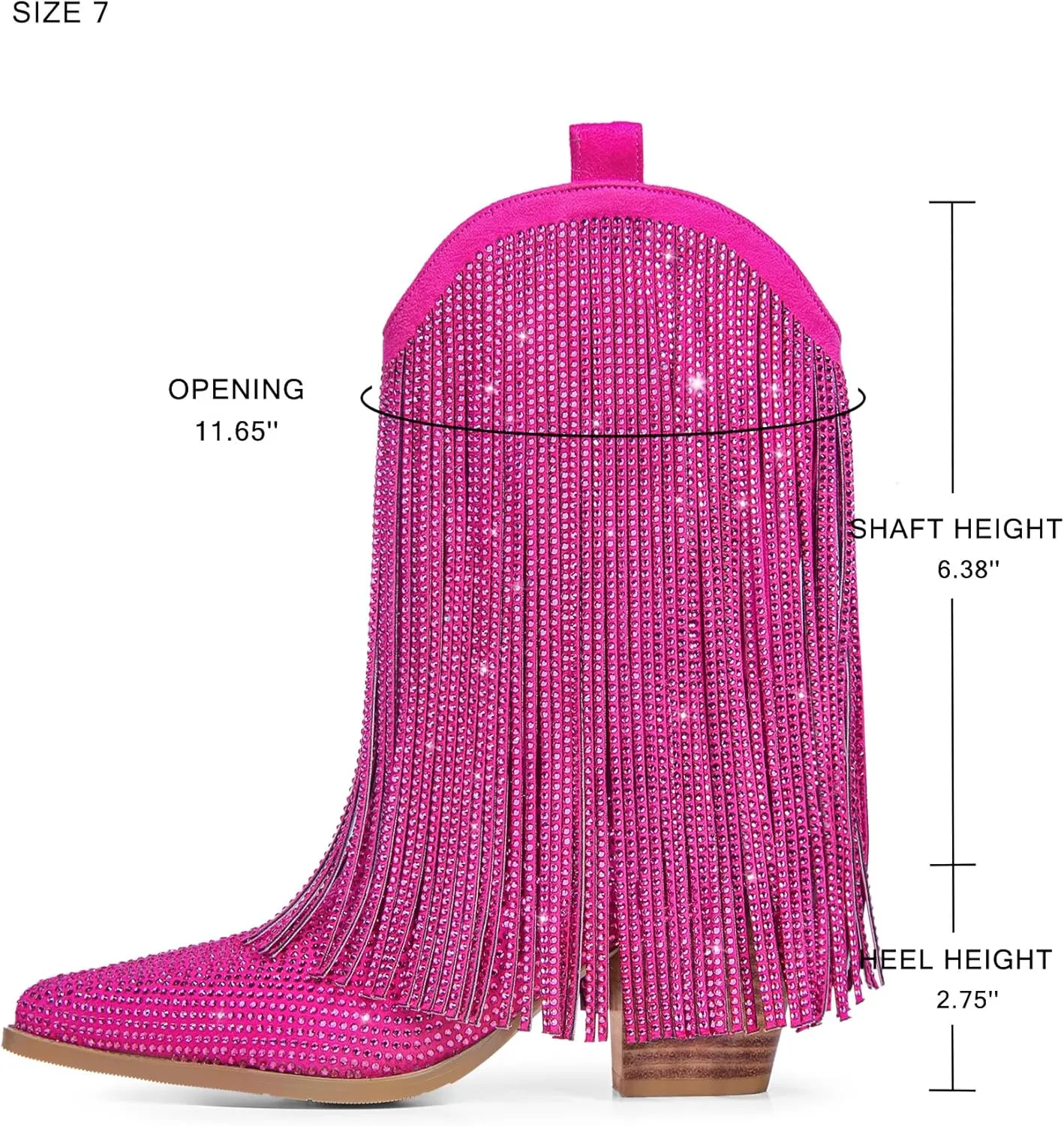 Ouepiano Cowboy Boots for Women - Cowgirl Rhinestone Boots with Sparkly Fringe Pointed Toe Western Boot Chunky Heel Pull-On Wide Calf Botas Vaqueras