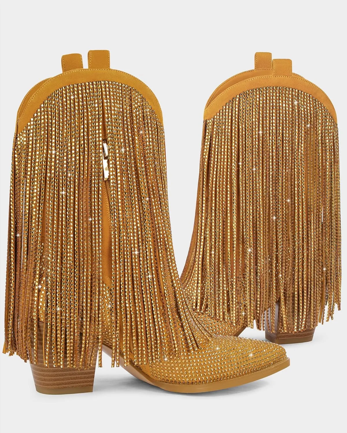 Ouepiano Cowboy Boots for Women - Cowgirl Rhinestone Boots with Sparkly Fringe Pointed Toe Western Boot Chunky Heel Pull-On Wide Calf Botas Vaqueras