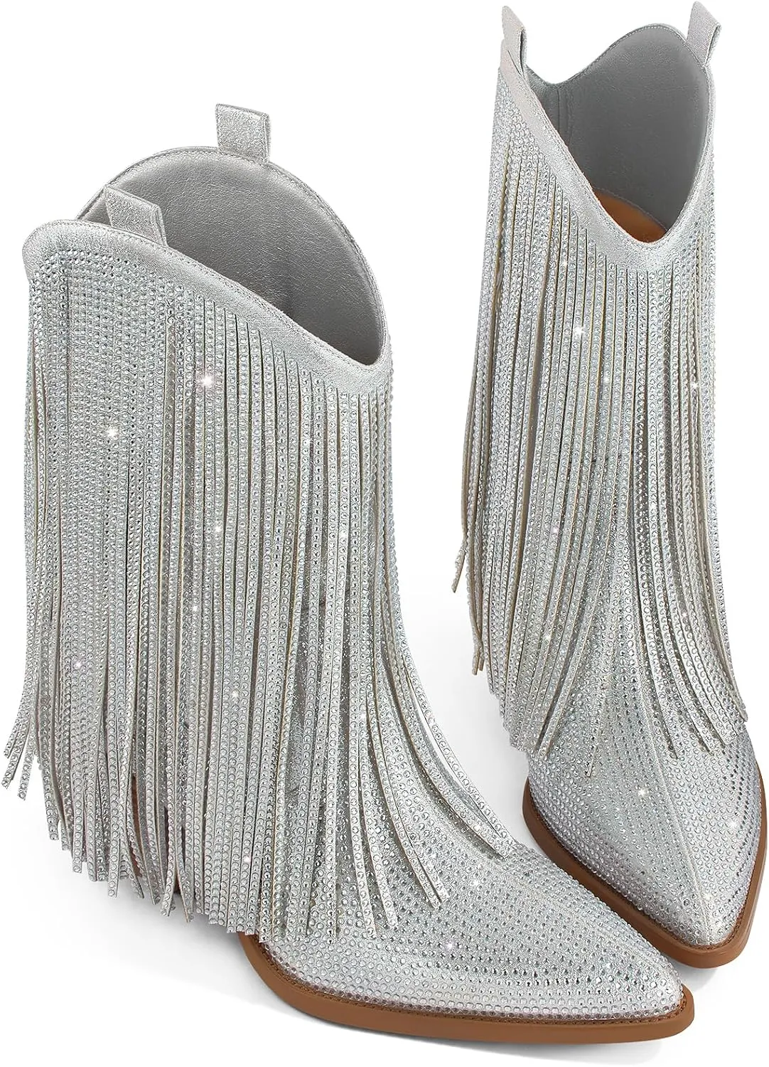 Ouepiano Cowboy Boots for Women - Cowgirl Rhinestone Boots with Sparkly Fringe Pointed Toe Western Boot Chunky Heel Pull-On Wide Calf Botas Vaqueras