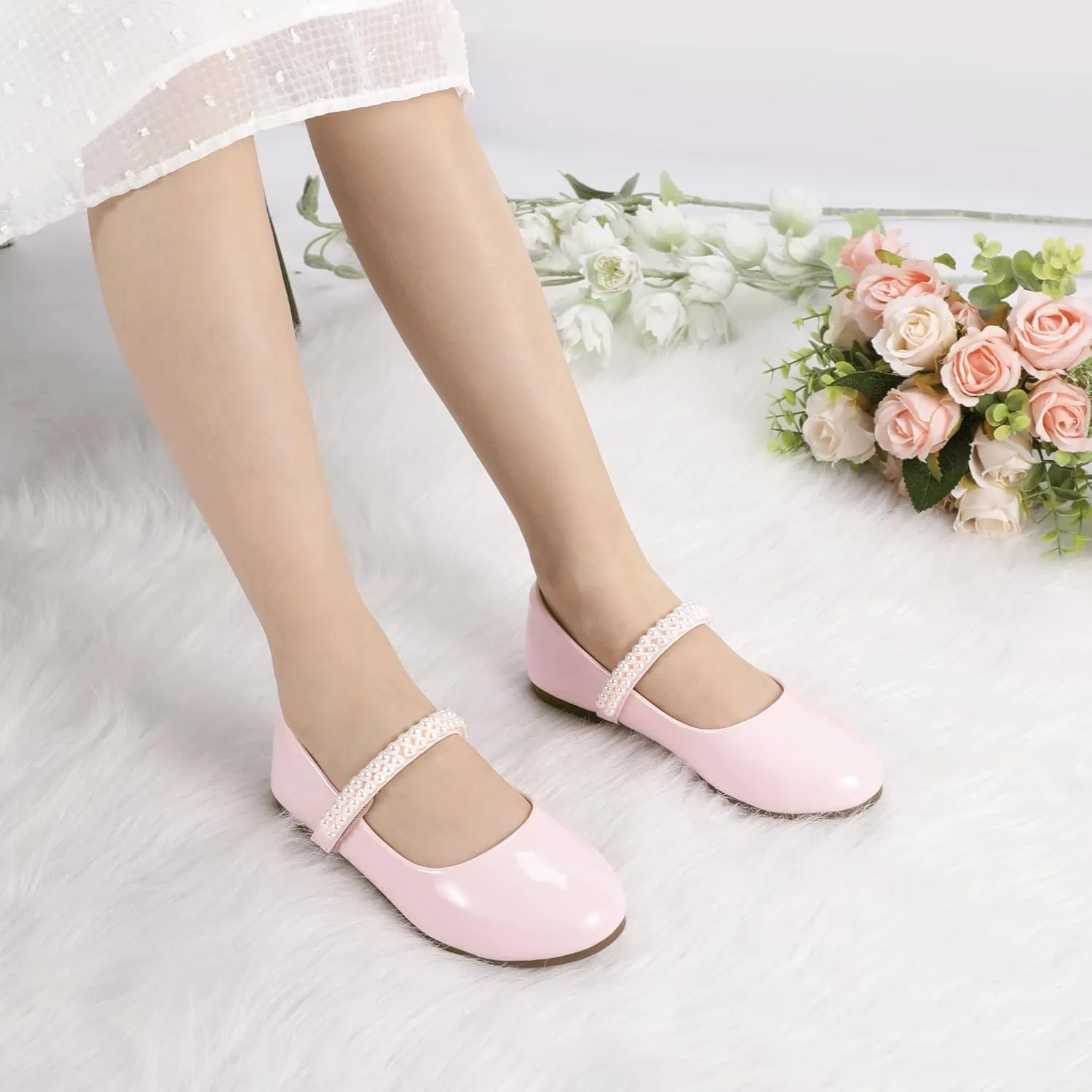 PANDANINJIA Flower Girl Shoes Toddler Little Kid Ballet Flats Pearls Wedding Party Mary Jane Girls Dress Shoes