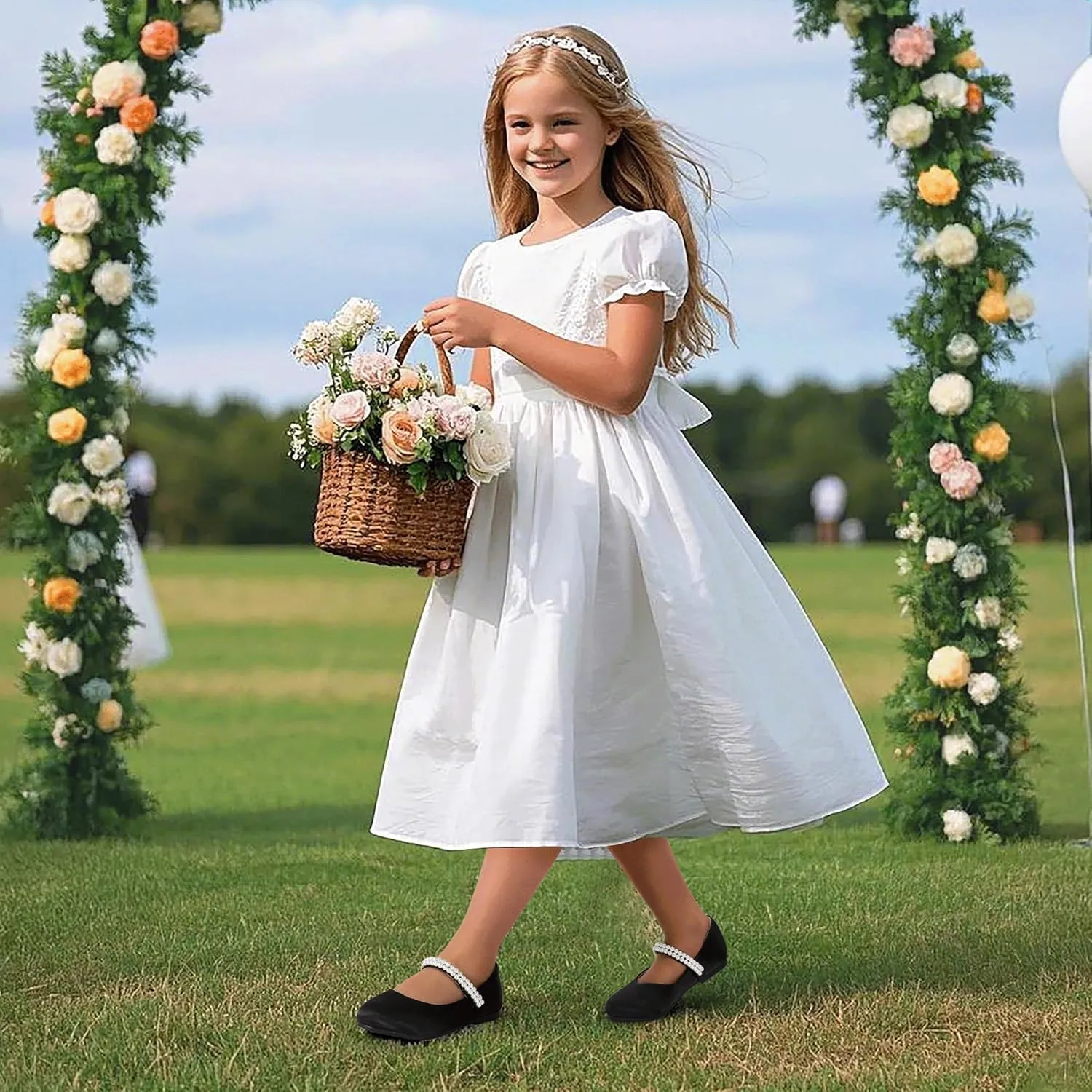 PANDANINJIA Flower Girl Shoes Toddler Little Kid Ballet Flats Pearls Wedding Party Mary Jane Girls Dress Shoes