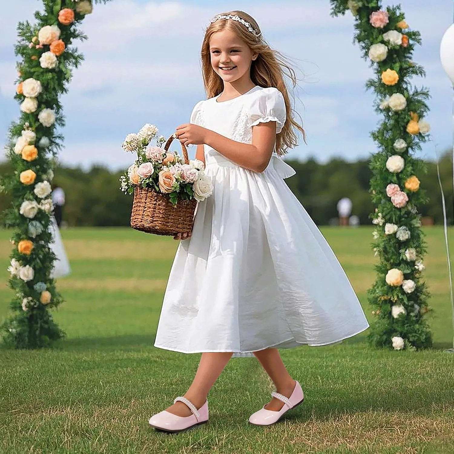 PANDANINJIA Flower Girl Shoes Toddler Little Kid Ballet Flats Pearls Wedding Party Mary Jane Girls Dress Shoes