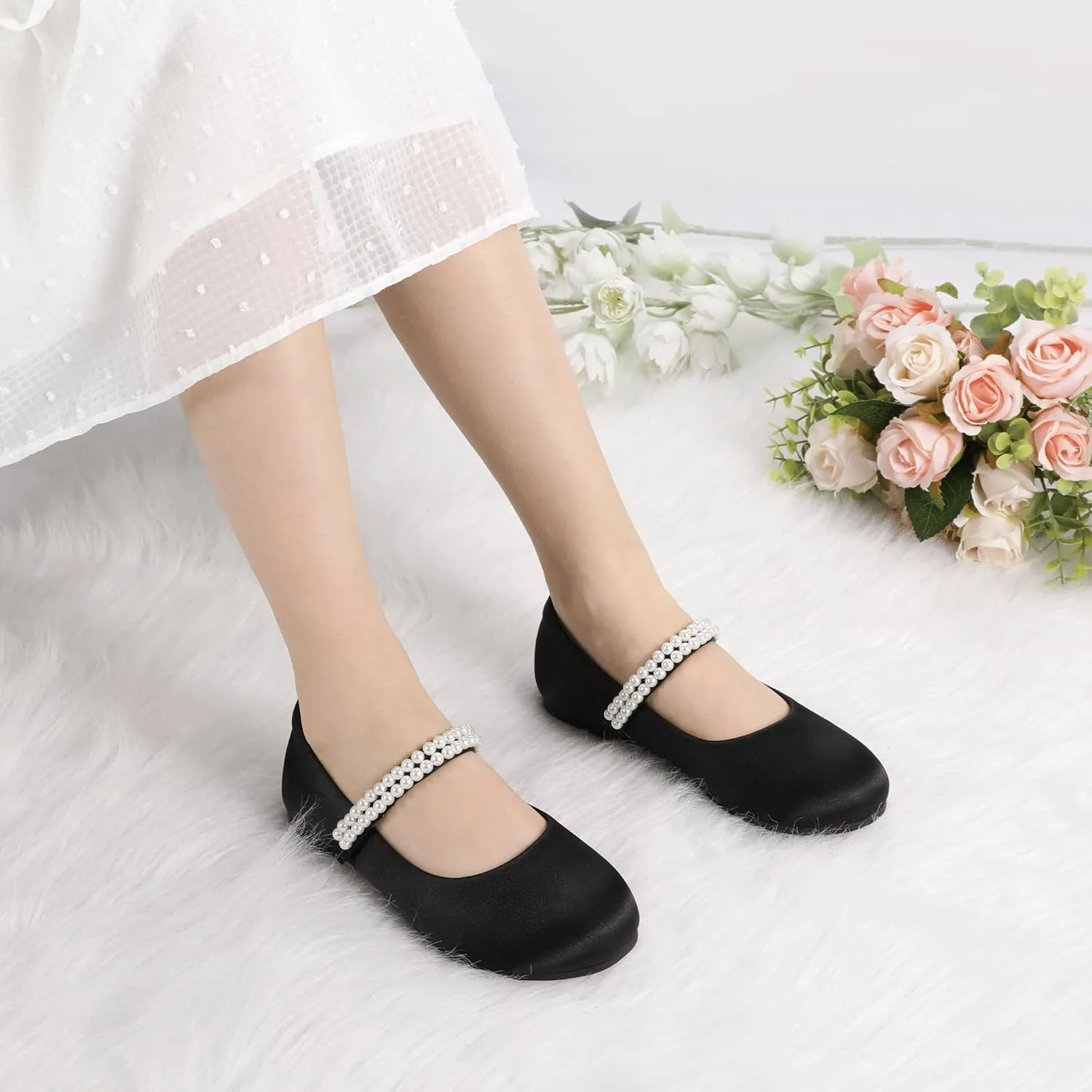 PANDANINJIA Flower Girl Shoes Toddler Little Kid Ballet Flats Pearls Wedding Party Mary Jane Girls Dress Shoes