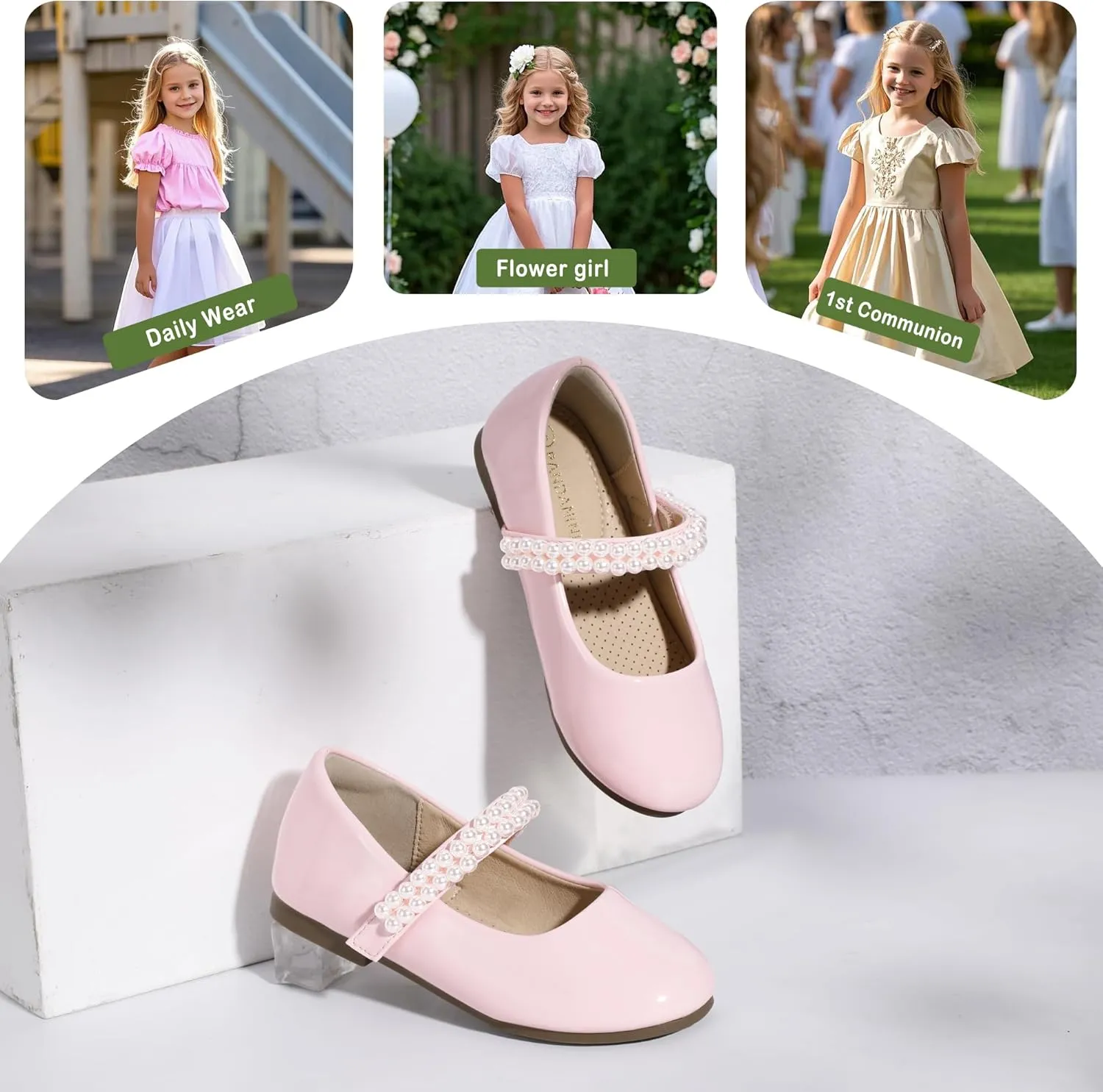 PANDANINJIA Flower Girl Shoes Toddler Little Kid Ballet Flats Pearls Wedding Party Mary Jane Girls Dress Shoes