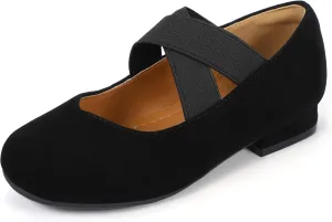 PANDANINJIA Girls Dress Shoes Ballet Flats Mary Jane Elastic Cross Strap Little Big Kid Low Heels Flower Girl Shoes