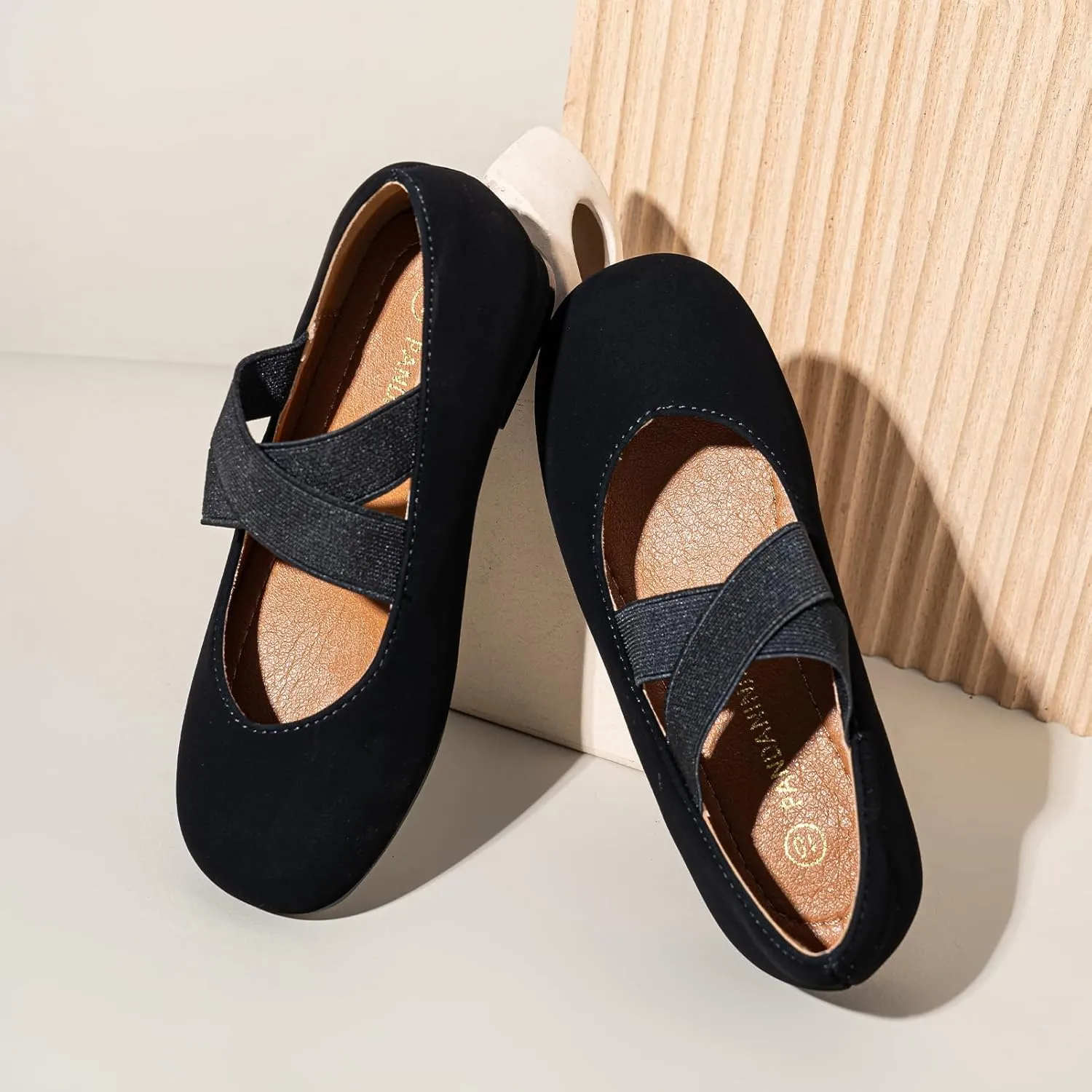 PANDANINJIA Girls Dress Shoes Ballet Flats Mary Jane Elastic Cross Strap Little Big Kid Low Heels Flower Girl Shoes