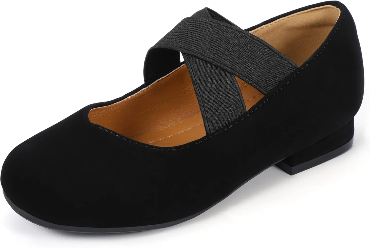PANDANINJIA Girls Dress Shoes Ballet Flats Mary Jane Elastic Cross Strap Little Big Kid Low Heels Flower Girl Shoes