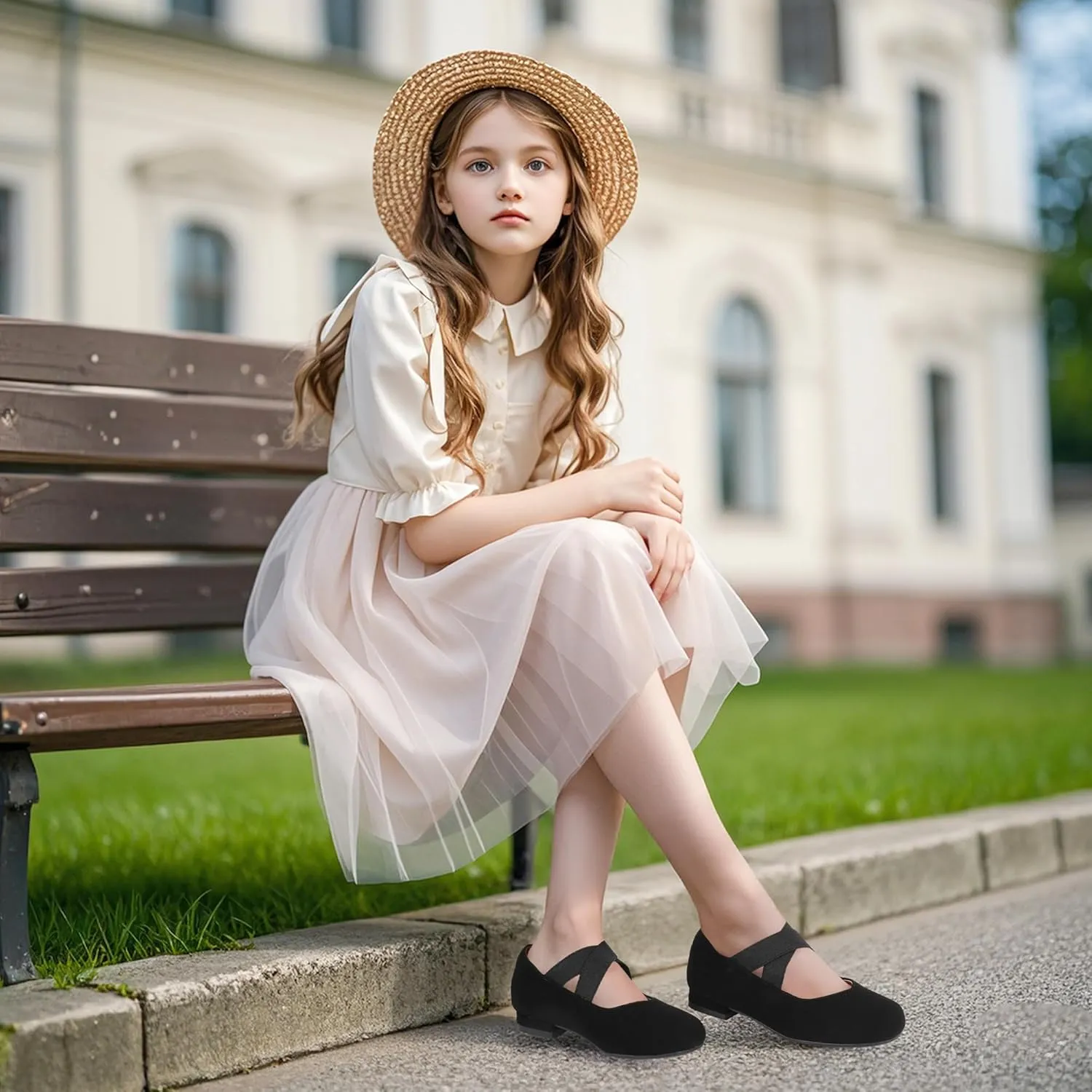 PANDANINJIA Girls Dress Shoes Ballet Flats Mary Jane Elastic Cross Strap Little Big Kid Low Heels Flower Girl Shoes