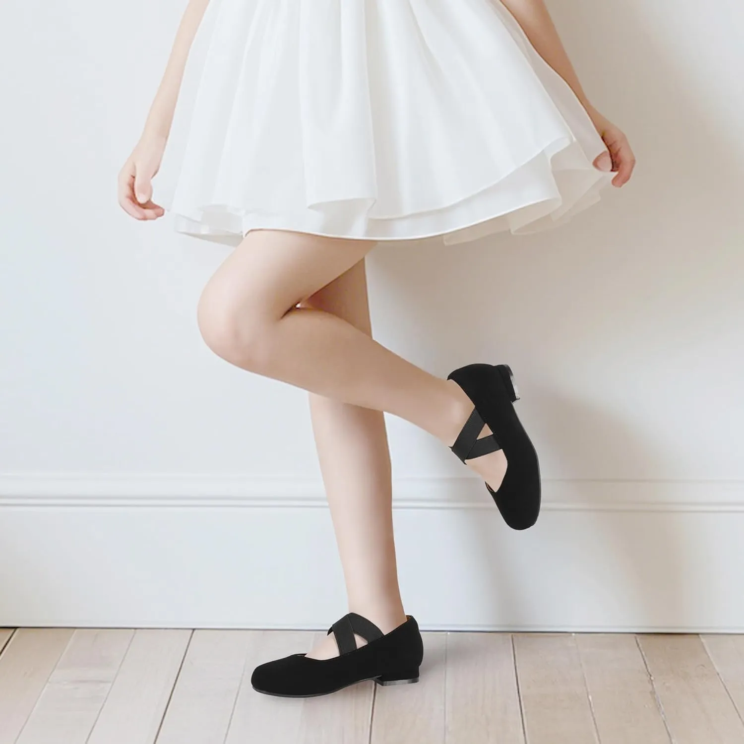 PANDANINJIA Girls Dress Shoes Ballet Flats Mary Jane Elastic Cross Strap Little Big Kid Low Heels Flower Girl Shoes