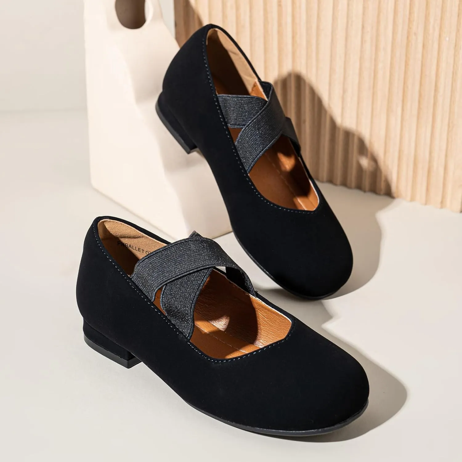 PANDANINJIA Girls Dress Shoes Ballet Flats Mary Jane Elastic Cross Strap Little Big Kid Low Heels Flower Girl Shoes