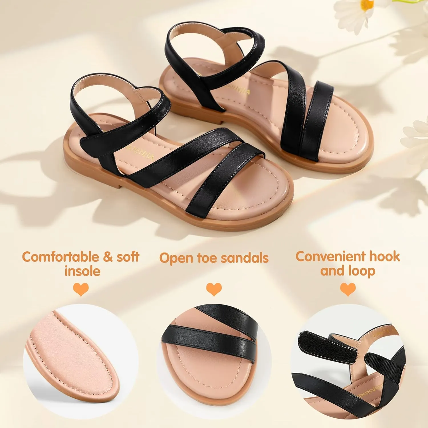 PANDANINJIA Girls Sandals Monica Summer Open Toe Flats Shoes Dress Sandals for Toddler Little Kid Big Kid