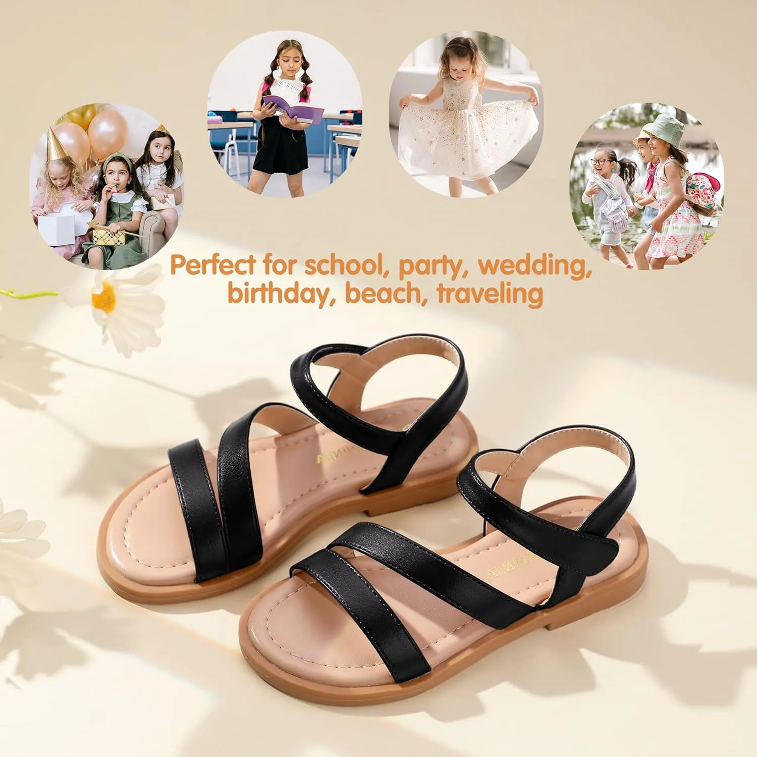 PANDANINJIA Girls Sandals Monica Summer Open Toe Flats Shoes Dress Sandals for Toddler Little Kid Big Kid