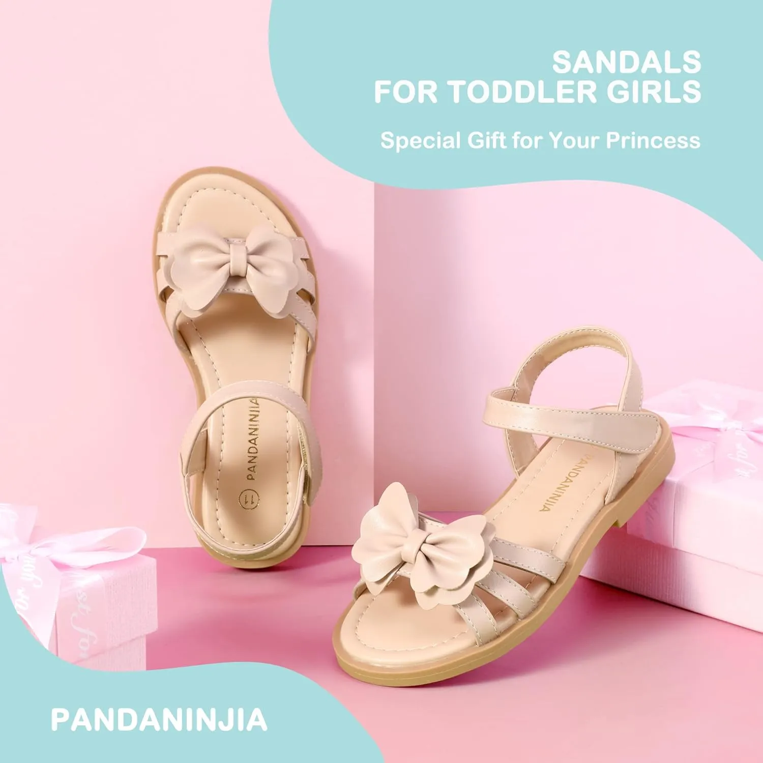 PANDANINJIA Girls Sandals, Open Toe Cute Bow Princess Girls Flats, Sparkly Summer Dress Shoes Sandals for Toddler/Little Kid/Big Kid