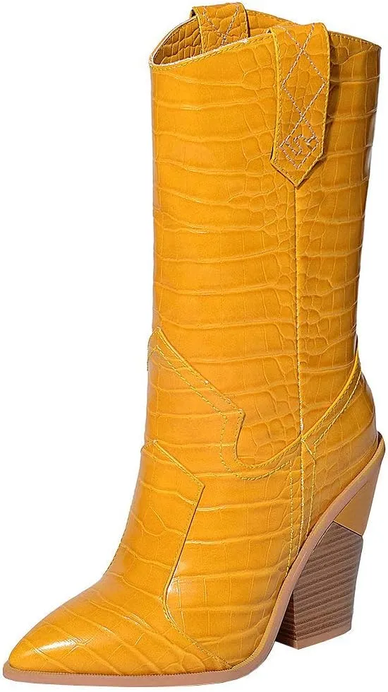 Parisuit Womens Chunky Stacked High Heel Cowgirl Mid Calf Boots Pointed Toe Western Boots Slip On Crocodile Shoes
