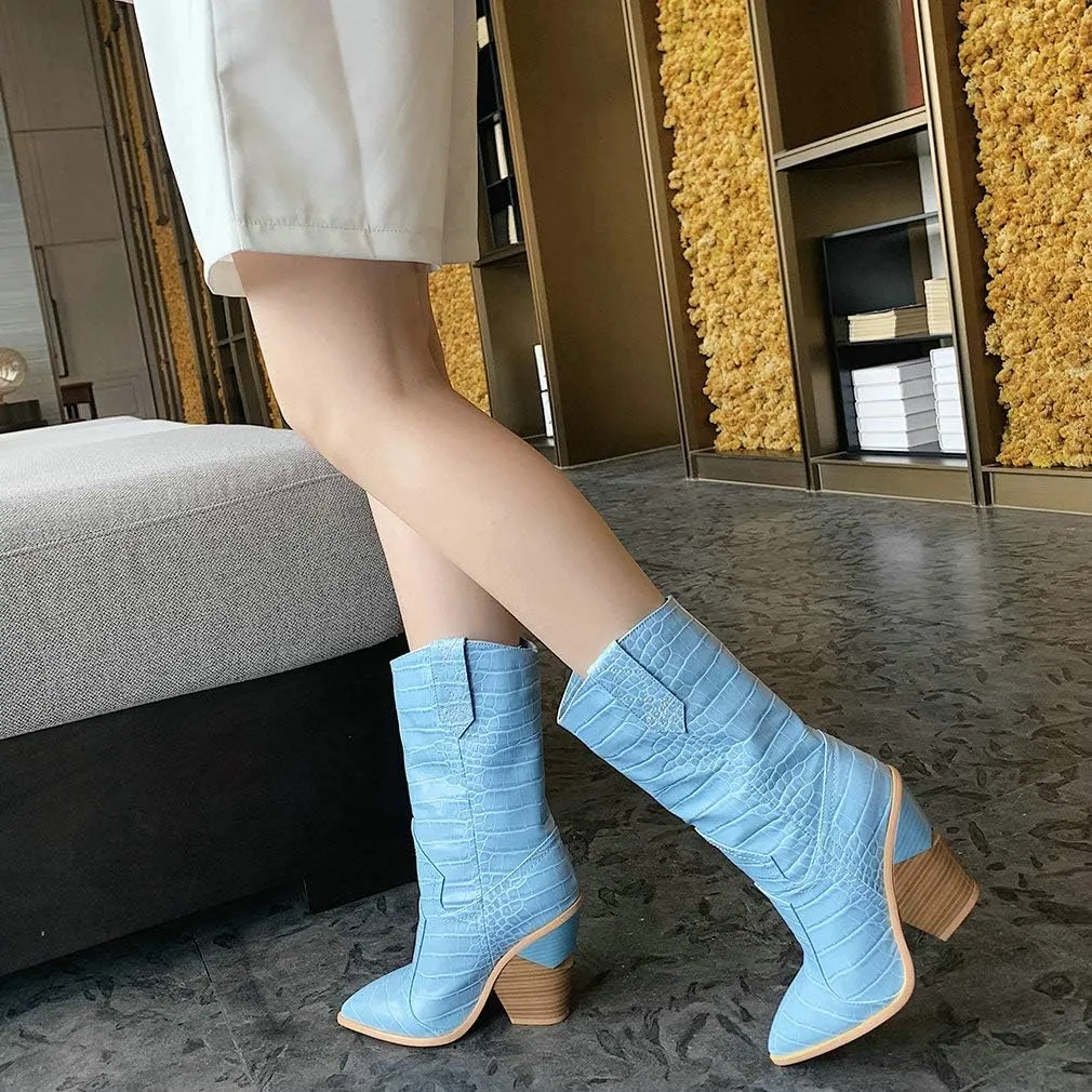 Parisuit Womens Chunky Stacked High Heel Cowgirl Mid Calf Boots Pointed Toe Western Boots Slip On Crocodile Shoes