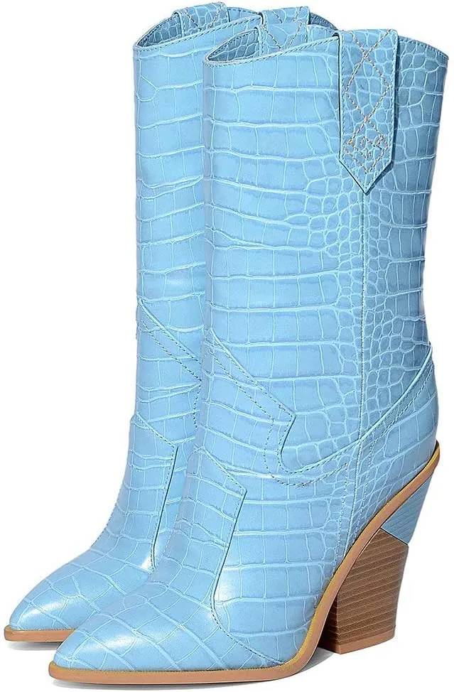 Parisuit Womens Chunky Stacked High Heel Cowgirl Mid Calf Boots Pointed Toe Western Boots Slip On Crocodile Shoes