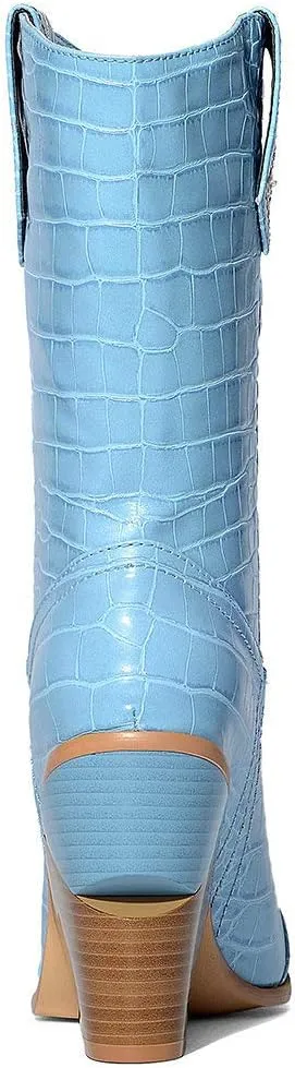 Parisuit Womens Chunky Stacked High Heel Cowgirl Mid Calf Boots Pointed Toe Western Boots Slip On Crocodile Shoes