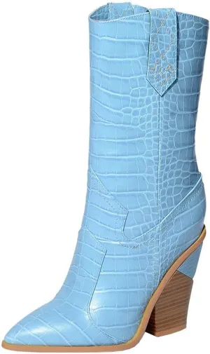 Parisuit Womens Chunky Stacked High Heel Cowgirl Mid Calf Boots Pointed Toe Western Boots Slip On Crocodile Shoes