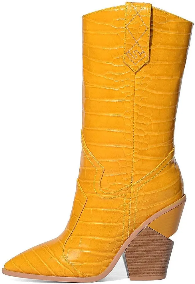 Parisuit Womens Chunky Stacked High Heel Cowgirl Mid Calf Boots Pointed Toe Western Boots Slip On Crocodile Shoes
