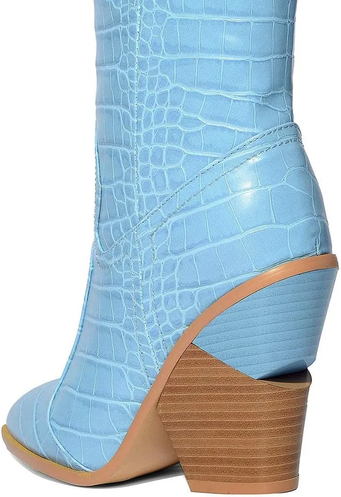 Parisuit Womens Chunky Stacked High Heel Cowgirl Mid Calf Boots Pointed Toe Western Boots Slip On Crocodile Shoes