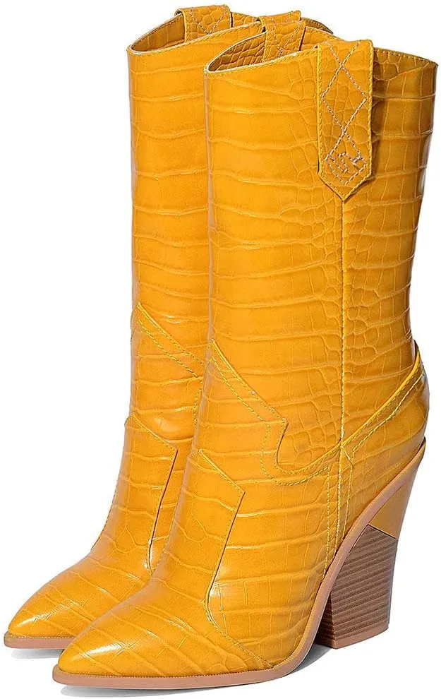 Parisuit Womens Chunky Stacked High Heel Cowgirl Mid Calf Boots Pointed Toe Western Boots Slip On Crocodile Shoes