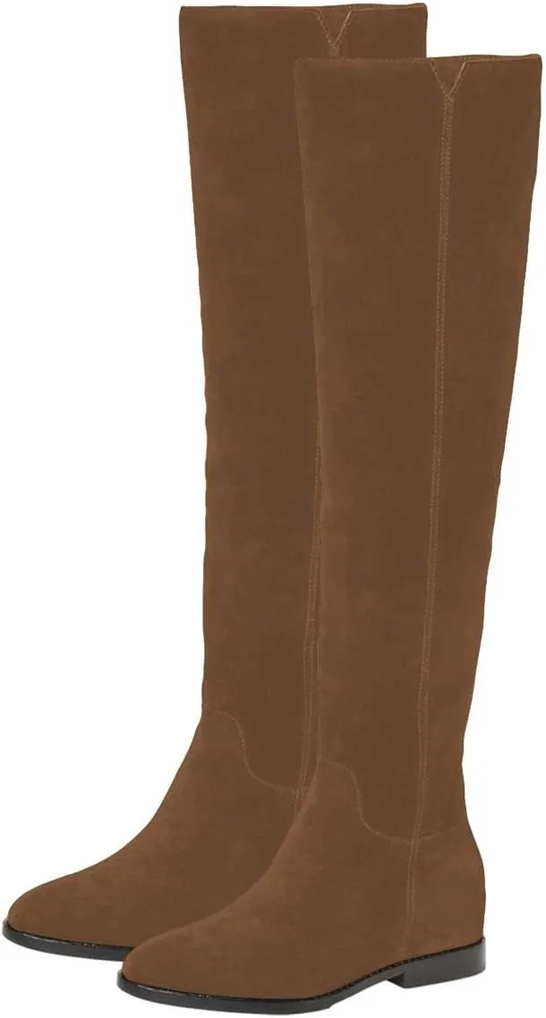 Pazzion Women Almond Toe Knee High Boots Partial Zippers Stretchy Cold Weather Warm Flat Long Boot Dressy Prom Office Shoes Size 4-16 US