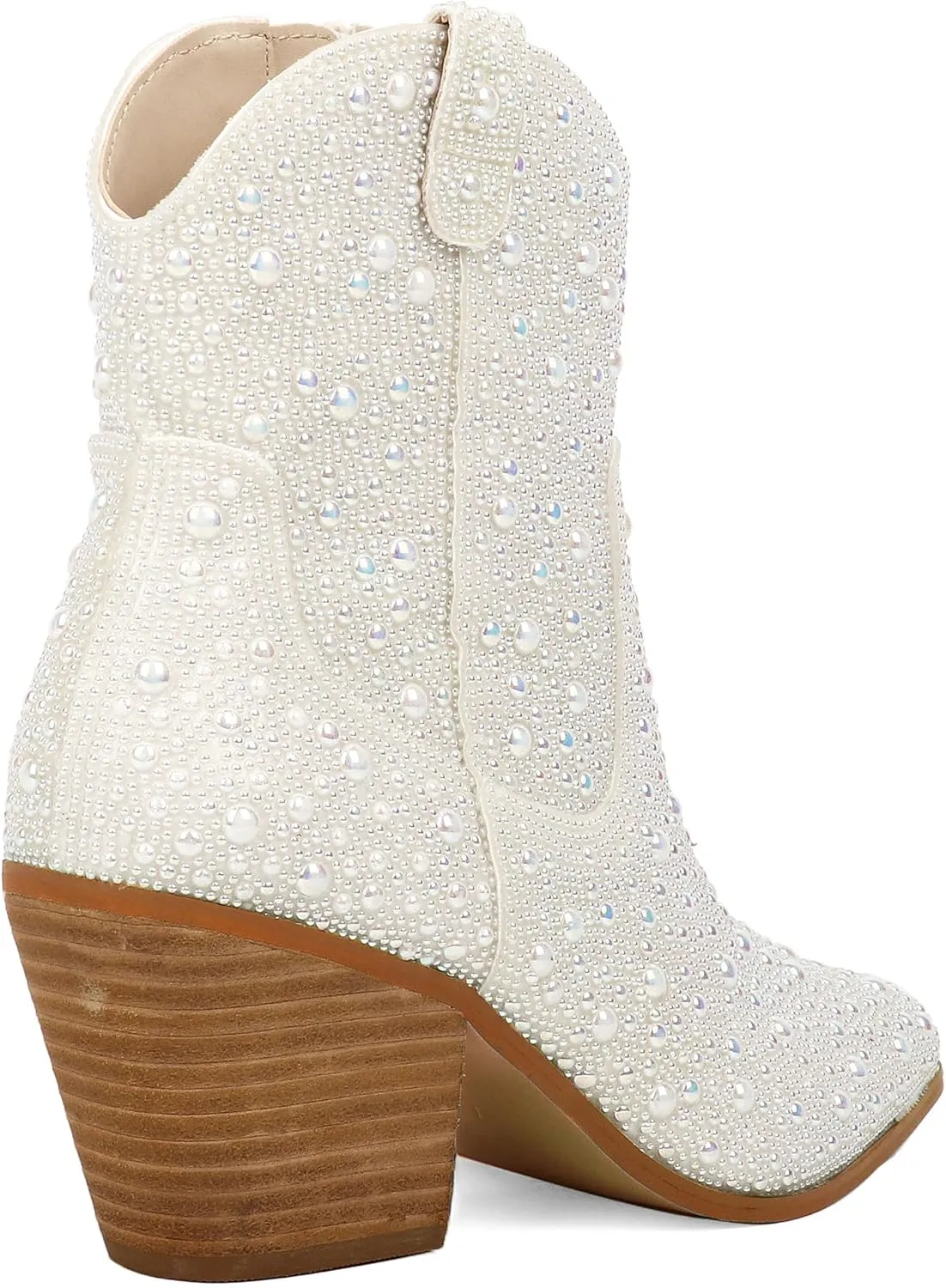 Pearl Wedding Cowgirl Boots Womens Sparkly Rhinestone Cowboy Ankle Boots Chunky Stacked Heel Western Booties