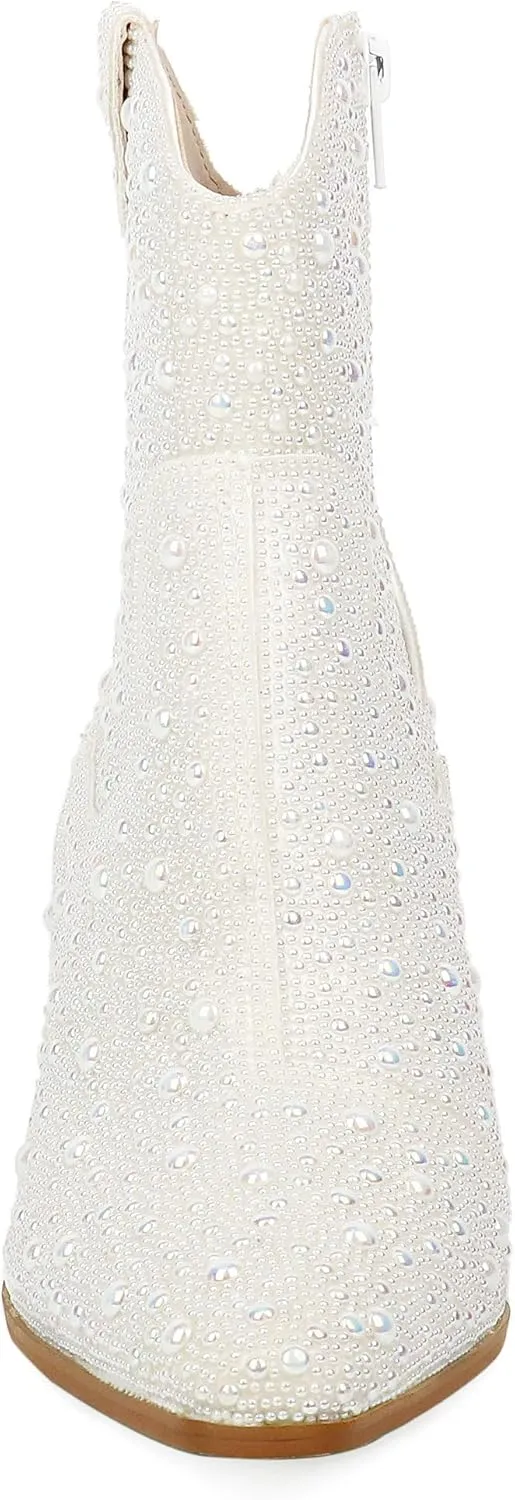 Pearl Wedding Cowgirl Boots Womens Sparkly Rhinestone Cowboy Ankle Boots Chunky Stacked Heel Western Booties