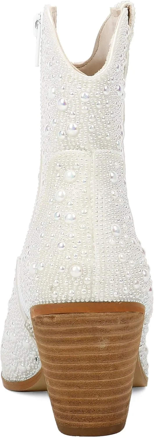 Pearl Wedding Cowgirl Boots Womens Sparkly Rhinestone Cowboy Ankle Boots Chunky Stacked Heel Western Booties