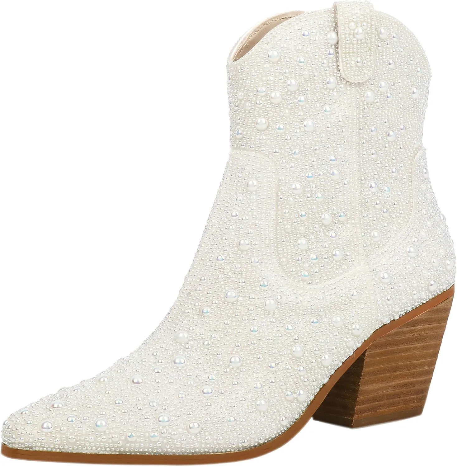 Pearl Wedding Cowgirl Boots Womens Sparkly Rhinestone Cowboy Ankle Boots Chunky Stacked Heel Western Booties