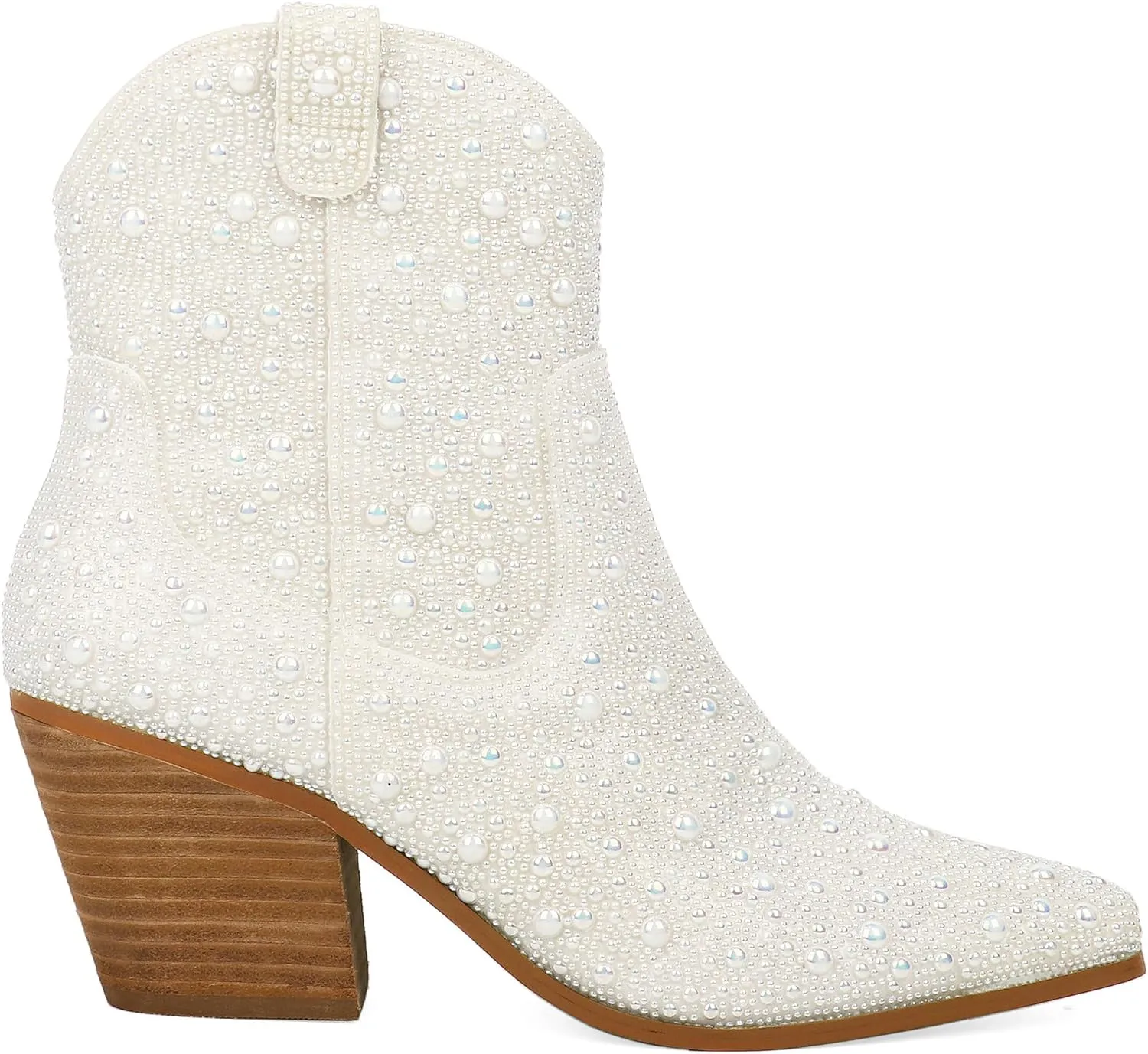Pearl Wedding Cowgirl Boots Womens Sparkly Rhinestone Cowboy Ankle Boots Chunky Stacked Heel Western Booties